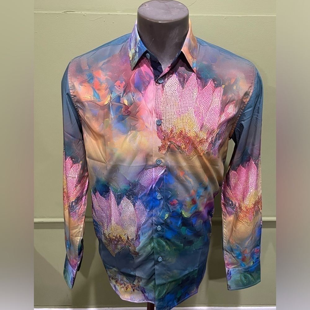 Deniko shirt button front blue multi color rhinestones regular fit